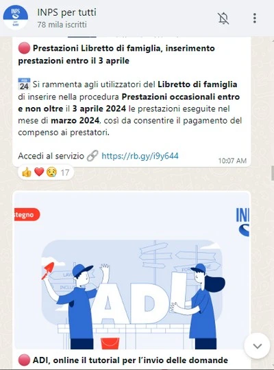 Canale WhatsApp dell'INPS
